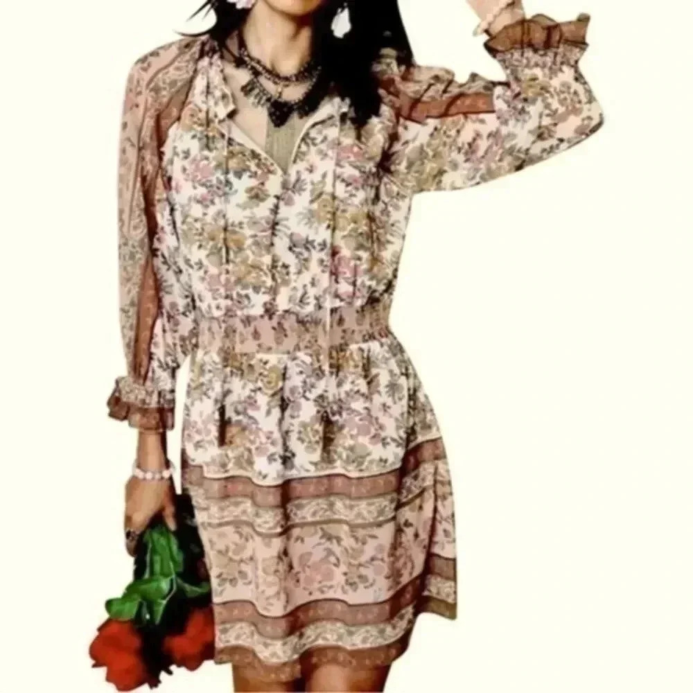 Anthropologie LOVE THE LABEL Boho Floral Tippy Border Dress Euphoria Size L NWT